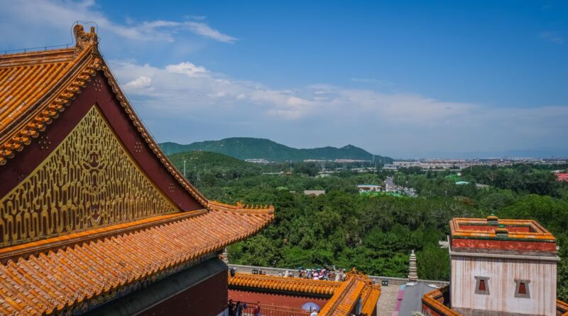 Traditional Chinese temple architecture against a blue sky in Beijing